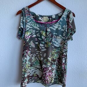 Postella Abstract Floral Cold Shoulder 100% Silk Top Blouse Shirt Art to Wear S